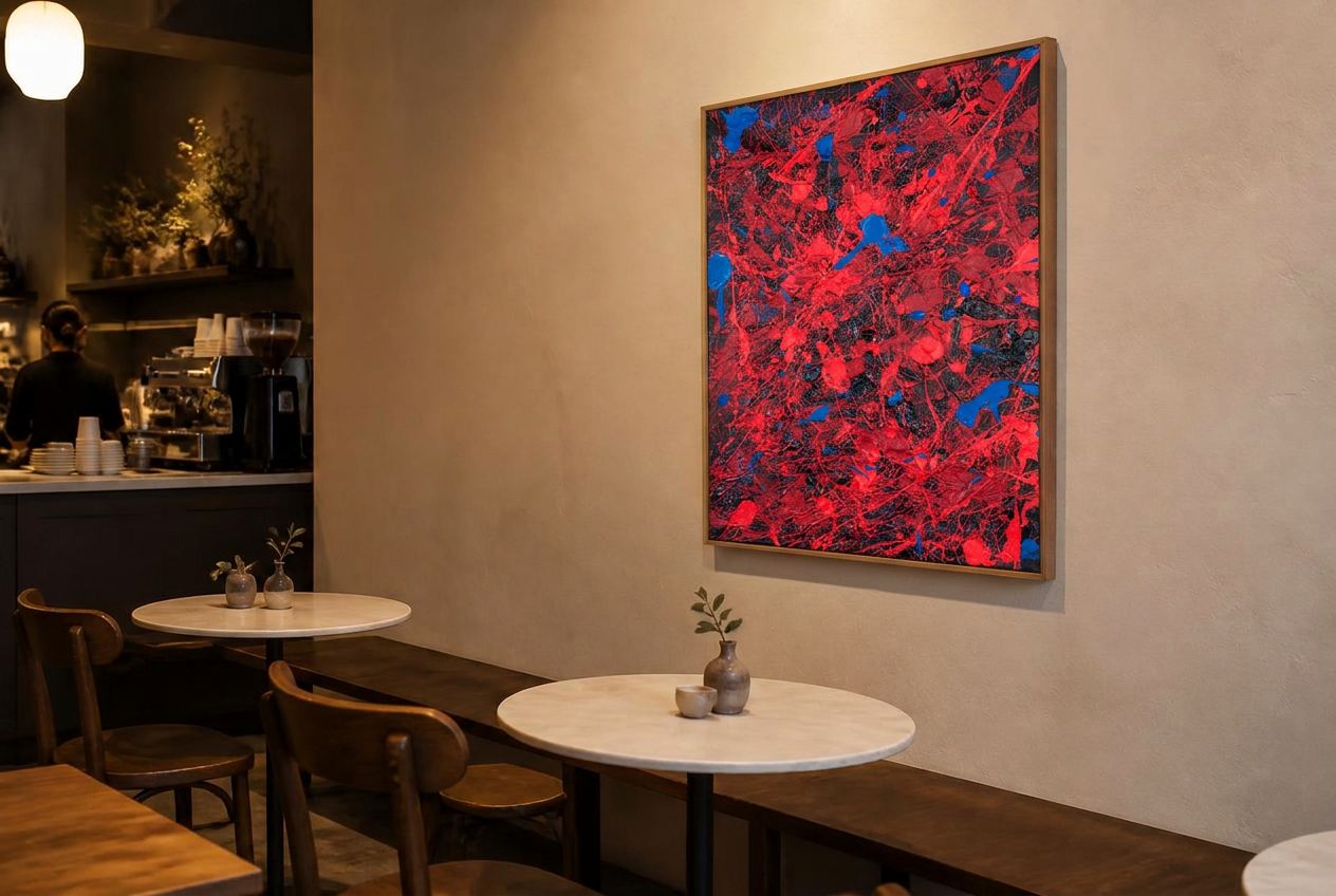Painting by Felix Moldovan installed in a coffee shop interior