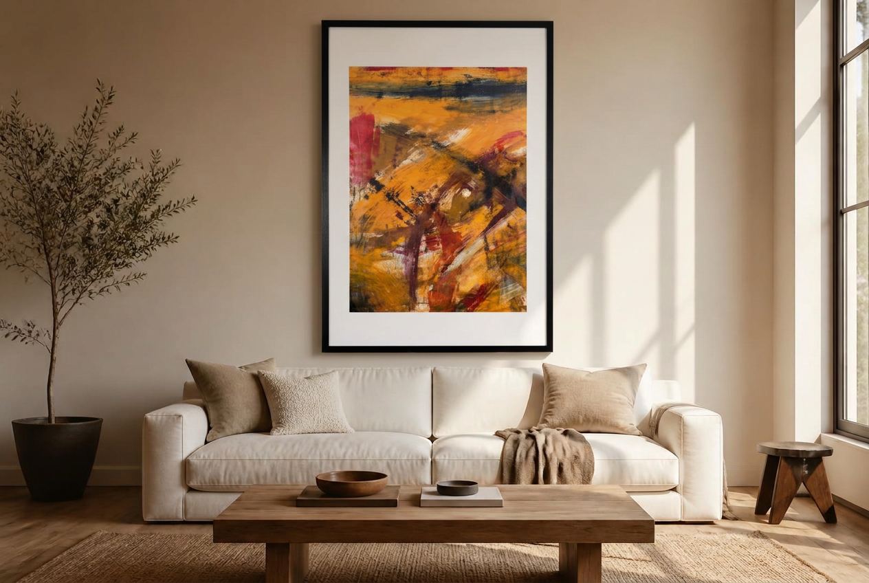 Painting by Felix Moldovan installed in a living room interior